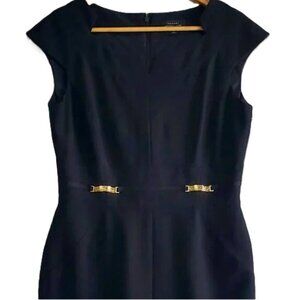 Black Pencil Dress Notched Round Neckline Gold Accents Office Siren Classic